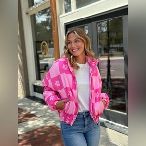 NWT BARBIE GIRL PUFF‎ CHECK JACKET WOMEN’S SIZE 1XL PINK